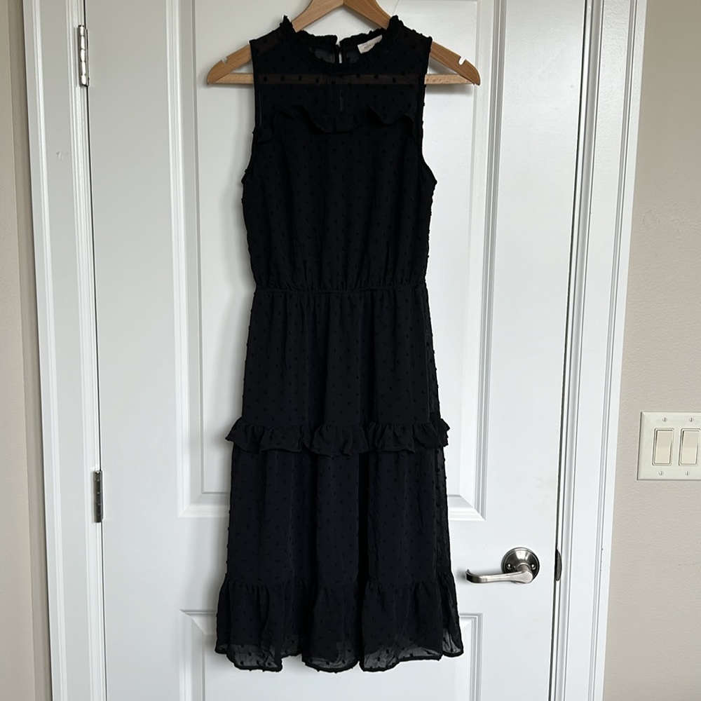 NWOT Monteau Dress sz Small Womens Tiered Sleeveless Sheer Dot Ruffle Boho Black